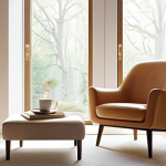 **Minimalist Living Room:** A bright, airy modern living room with a single designer chair, a small side table with a cup of coffee, and a bookshelf with a few carefully selected books. Natural light streaming through a large window.  Focus on clean lines and a sense of calm.