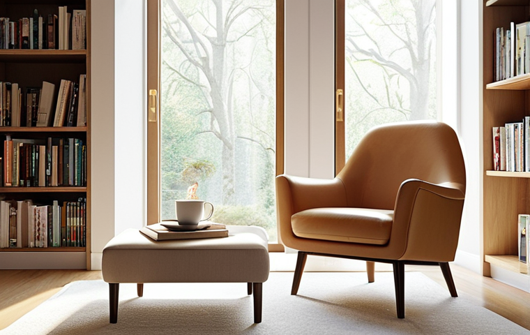 **Minimalist Living Room:** A bright, airy modern living room with a single designer chair, a small side table with a cup of coffee, and a bookshelf with a few carefully selected books. Natural light streaming through a large window.  Focus on clean lines and a sense of calm.