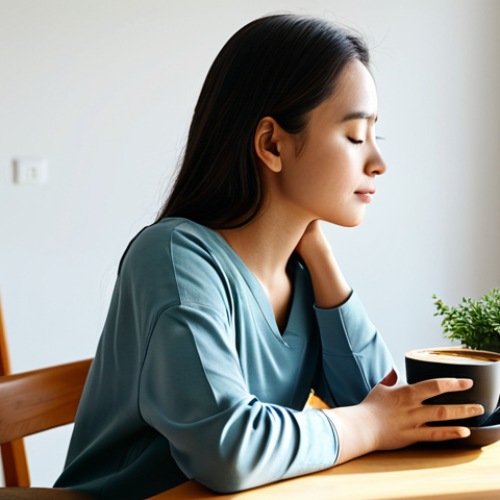 A woman in modest, comfortable loungewear, sitting peacefully at a minimalist wooden table, gently holding a steaming cup of coffee. Her eyes are closed in contemplation, or she is gazing serenely out a large window that fills the sunlit apartment living room with natural light. The room features clean lines, white walls, and a single elegant potted plant, emphasizing tranquility. Professional photography, clean aesthetic, soft natural light, shallow depth of field. safe for work, appropriate content, fully clothed, professional, modest, family-friendly, perfect anatomy, correct proportions, natural pose, well-formed hands, proper finger count, natural body proportions.