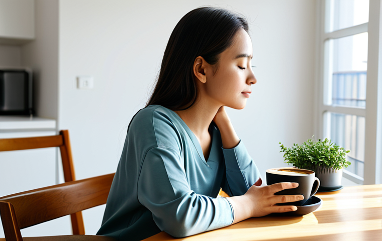 A woman in modest, comfortable loungewear, sitting peacefully at a minimalist wooden table, gently holding a steaming cup of coffee. Her eyes are closed in contemplation, or she is gazing serenely out a large window that fills the sunlit apartment living room with natural light. The room features clean lines, white walls, and a single elegant potted plant, emphasizing tranquility. Professional photography, clean aesthetic, soft natural light, shallow depth of field. safe for work, appropriate content, fully clothed, professional, modest, family-friendly, perfect anatomy, correct proportions, natural pose, well-formed hands, proper finger count, natural body proportions.