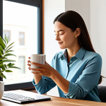 A professional woman in a high-quality, modest business casual outfit, sitting gracefully at a finely crafted wooden desk in a minimalist and sun-drenched home office. The room features clean lines, ample open space, and a single elegant potted plant, emphasizing serene and uncluttered aesthetics. She is holding a beautiful, simple ceramic mug, taking a moment of quiet reflection, conveying a sense of inner peace and appreciation for daily rituals. Perfect anatomy, correct proportions, natural pose, well-formed hands, proper finger count, natural body proportions. Safe for work, appropriate content, fully clothed, professional, modest, family-friendly.