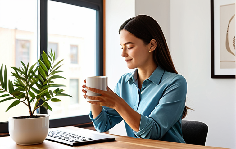 A professional woman in a high-quality, modest business casual outfit, sitting gracefully at a finely crafted wooden desk in a minimalist and sun-drenched home office. The room features clean lines, ample open space, and a single elegant potted plant, emphasizing serene and uncluttered aesthetics. She is holding a beautiful, simple ceramic mug, taking a moment of quiet reflection, conveying a sense of inner peace and appreciation for daily rituals. Perfect anatomy, correct proportions, natural pose, well-formed hands, proper finger count, natural body proportions. Safe for work, appropriate content, fully clothed, professional, modest, family-friendly.