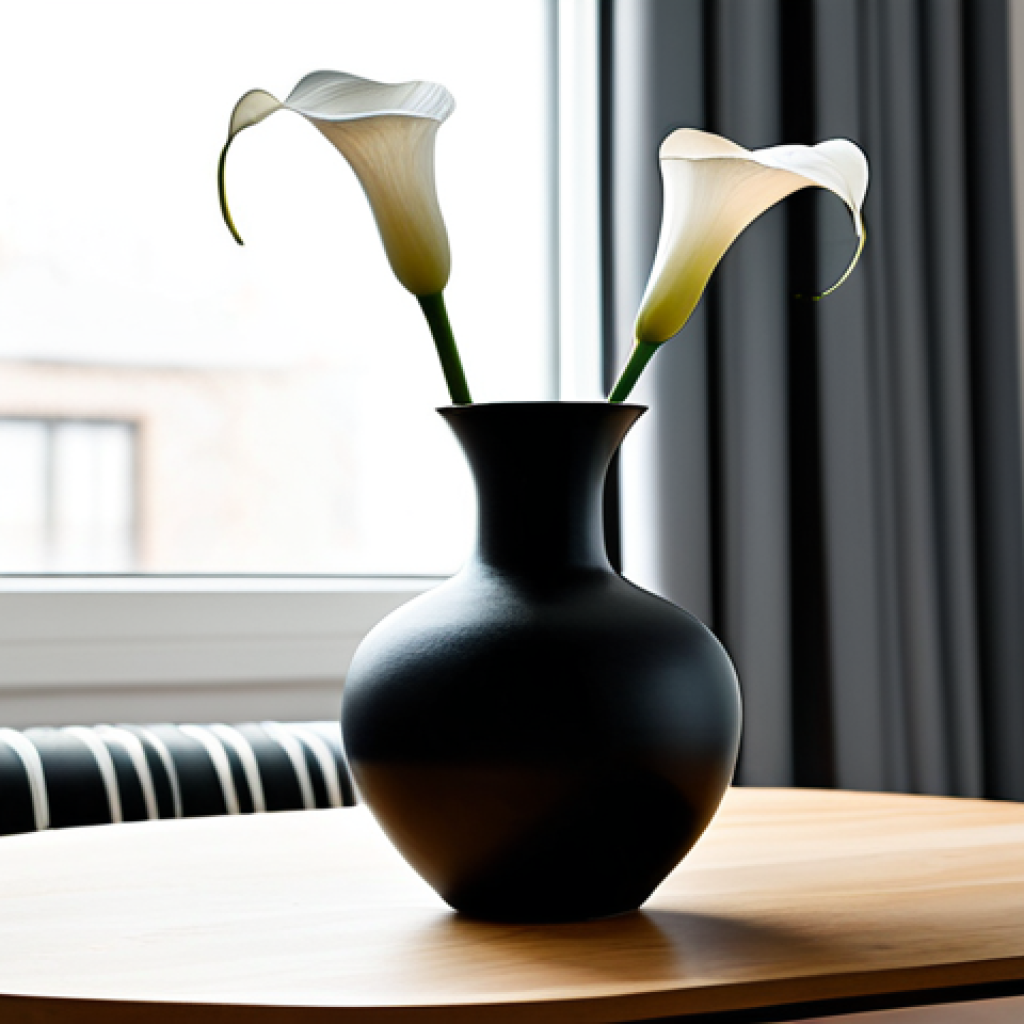 A single, pristine white calla lily stands gracefully, showcasing its perfect anatomy and natural proportions, in a minimalist, matte black ceramic vase with a subtle texture. The vase is placed on a smooth, light-colored wooden table in a brightly lit, modern minimalist living room. Ample empty space surrounds the arrangement, with soft natural light streaming in from a large window, creating subtle shadows that emphasize the form of the flower and vase. The atmosphere is one of serene sophistication and quiet Minimal Luxury. Professional photography, high resolution, well-formed vase, appropriate content, safe for work, fully clothed, modest aesthetic, family-friendly.