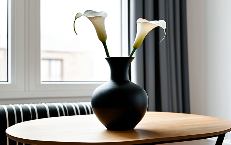 A single, pristine white calla lily stands gracefully, showcasing its perfect anatomy and natural proportions, in a minimalist, matte black ceramic vase with a subtle texture. The vase is placed on a smooth, light-colored wooden table in a brightly lit, modern minimalist living room. Ample empty space surrounds the arrangement, with soft natural light streaming in from a large window, creating subtle shadows that emphasize the form of the flower and vase. The atmosphere is one of serene sophistication and quiet Minimal Luxury. Professional photography, high resolution, well-formed vase, appropriate content, safe for work, fully clothed, modest aesthetic, family-friendly.