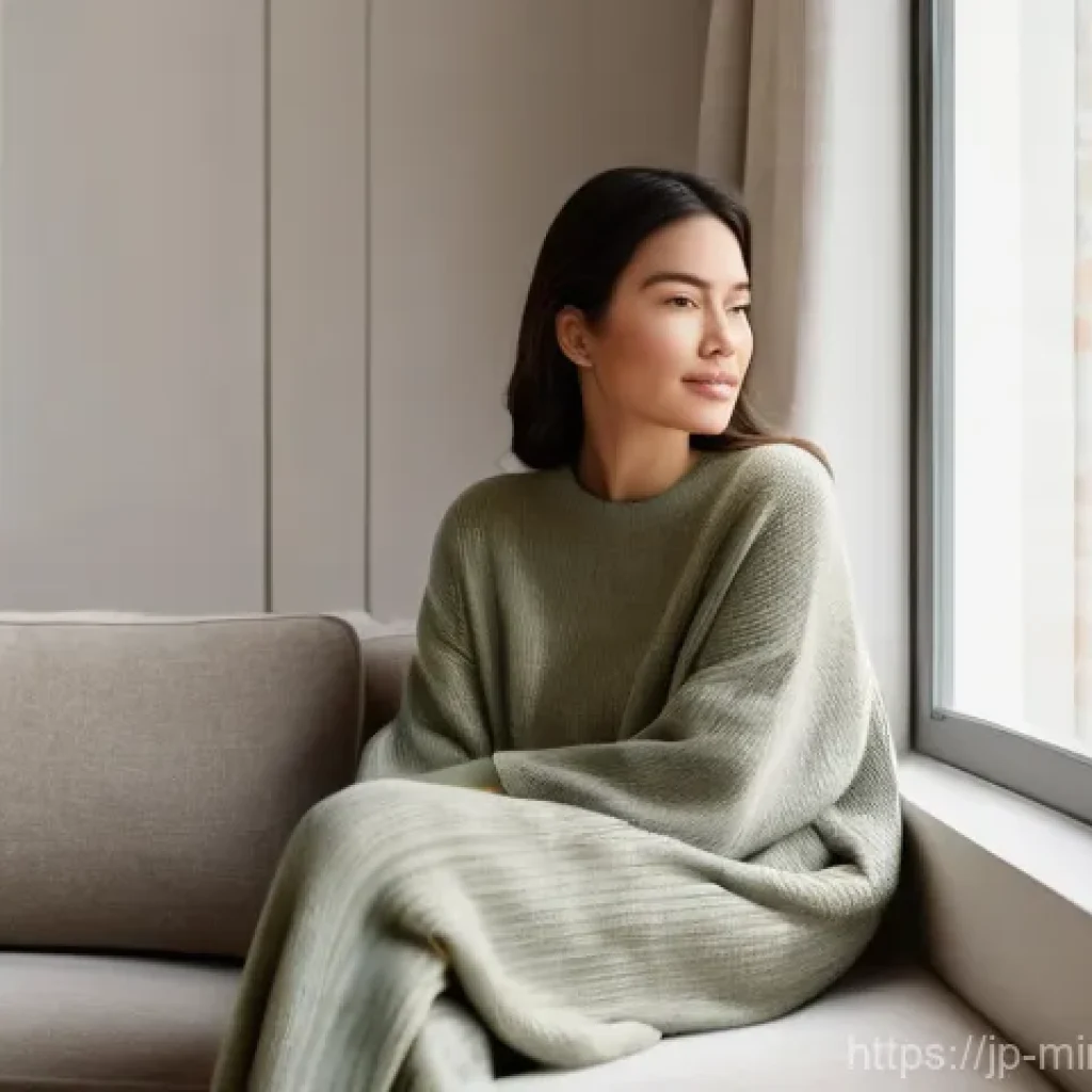 미니멀 럭셔리와 웰빙의 관계 - **A Woman Enjoying a Minimalist, Cozy Morning:**
    "A serene woman, in her late 20s to early 30s, ...