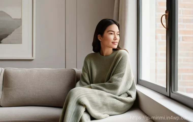 미니멀 럭셔리와 웰빙의 관계 - **A Woman Enjoying a Minimalist, Cozy Morning:**
    "A serene woman, in her late 20s to early 30s, ...