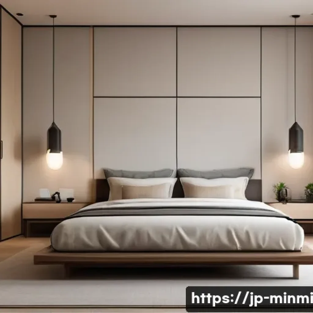 미니멀 스타일의 고급스러운 침실 꾸미기 - A serene and minimalist bedroom designed in a modern Japanese style. The room features a calming col...
