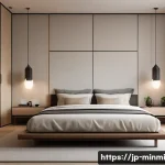 미니멀 스타일의 고급스러운 침실 꾸미기 - A serene and minimalist bedroom designed in a modern Japanese style. The room features a calming col...