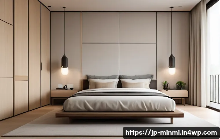 미니멀 스타일의 고급스러운 침실 꾸미기 - A serene and minimalist bedroom designed in a modern Japanese style. The room features a calming col...