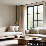 미니멀 럭셔리의 시각적 요소 분석 - **Prompt:** A serene and inviting minimalist living room, bathed in the soft, diffused light of earl...