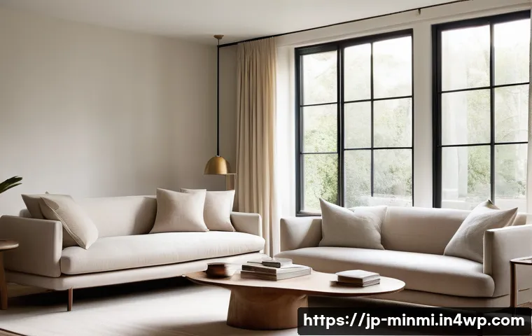 미니멀 럭셔리의 시각적 요소 분석 - **Prompt:** A serene and inviting minimalist living room, bathed in the soft, diffused light of earl...