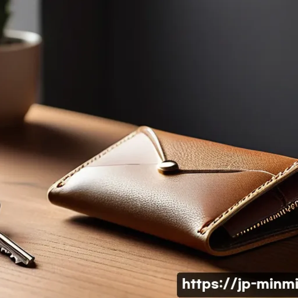 미니멀 럭셔리 커플 선물 아이디어 - A minimalist luxury gift scene featuring a pair of sleek, matching leather key cases placed on a sof...
