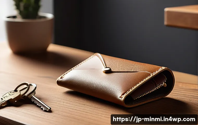 미니멀 럭셔리 커플 선물 아이디어 - A minimalist luxury gift scene featuring a pair of sleek, matching leather key cases placed on a sof...