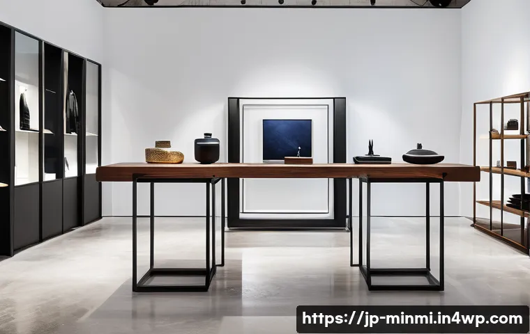 미니멀 럭셔리 브랜드의 글로벌 확장 사례 - A minimalist luxury boutique interior inspired by North American design trends, featuring an art gal...