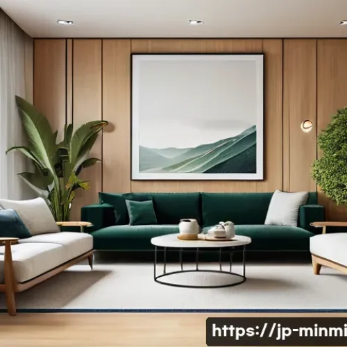 미니멀 럭셔리와 기술의 만남 - A refined, minimalist modern living room interior with high-quality natural wood furniture and linen...