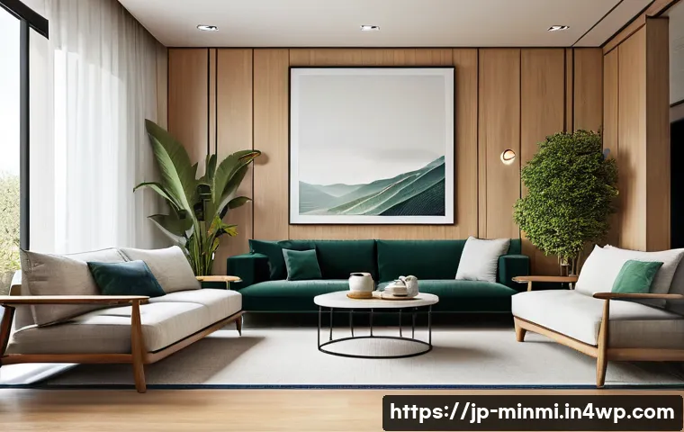 미니멀 럭셔리와 기술의 만남 - A refined, minimalist modern living room interior with high-quality natural wood furniture and linen...